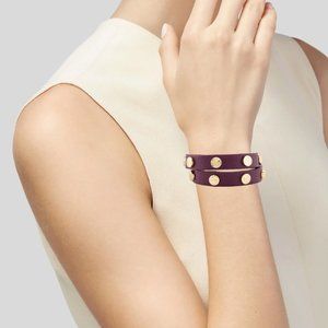 Designer TORY BURCH Leather Logo Stud Double Wrap Bracelet